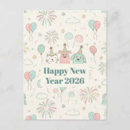 Postal Festiva Playful Happy New Year 2026 Kids Greeting Card