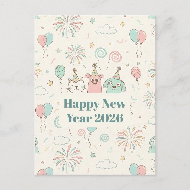 Postal Festiva Playful Happy New Year 2026 Kids Greeting Card (Anverso)