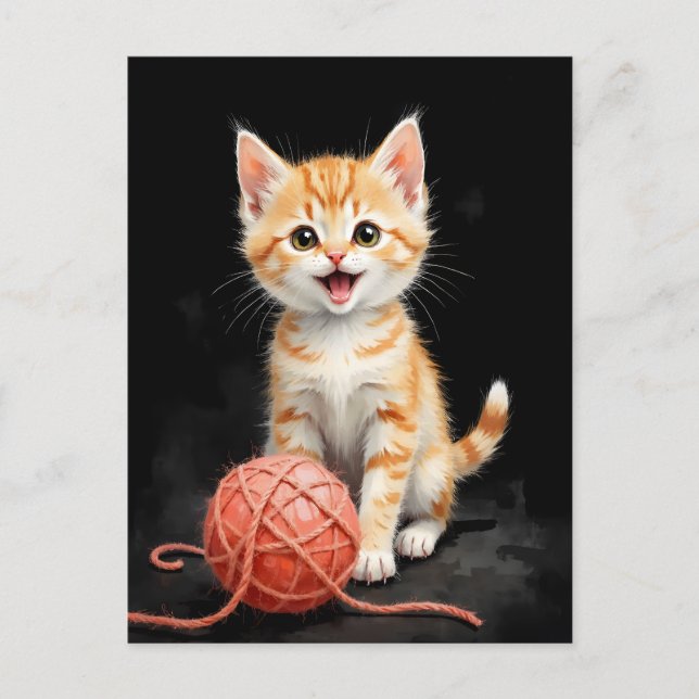 Postal Festiva Playful Kitten Cat with Yarn Watercolor Print (Anverso)