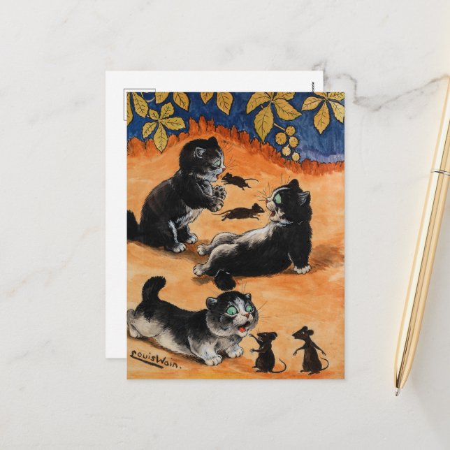 Postal Festiva Playtime de gatitos y ratones por Louis Wain (Anverso/Reverso In Situ)