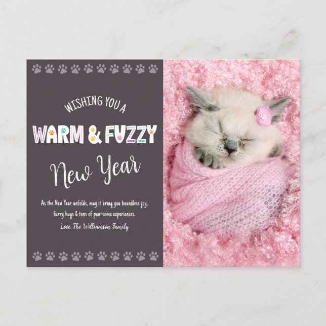 Postal Festiva Pluma fotográfica de Año Nuevo Mascota cálido y di (Anverso)