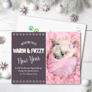 Postal Festiva Pluma fotográfica de Año Nuevo Mascota cálido y di