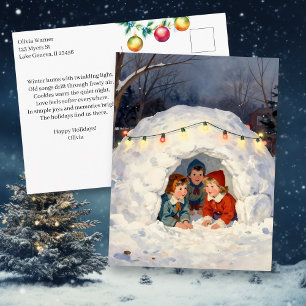Postal Festiva Poema de Felices Fiestas Navideñas Vintage Niños e