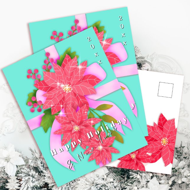 Postal Festiva Poinsettia Happy Holiday New Year Aqua Blue (Subido por el creador)