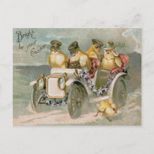 Postal Festiva Pollito de Pascua Coche Antiguo No me Olvides