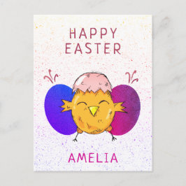 Postal Festiva Pollito de Pascua lindo y huevos Feliz Pascua