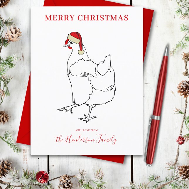 Postal Festiva Pollo con sombrero Santa personalizado (Cute chicken merry Christmas farm hen line art simple drawing personalized holiday greetings card)