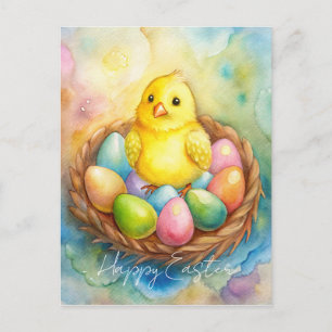Postal Festiva Pollo de Pascua en un nido con Ilustracion de huev