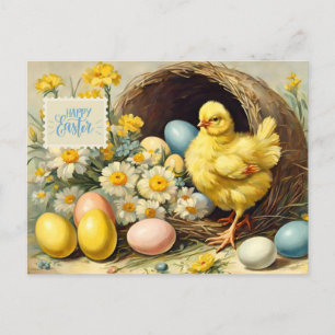 Postal Festiva Pollo de Pascua, huevos de Pascua y flores