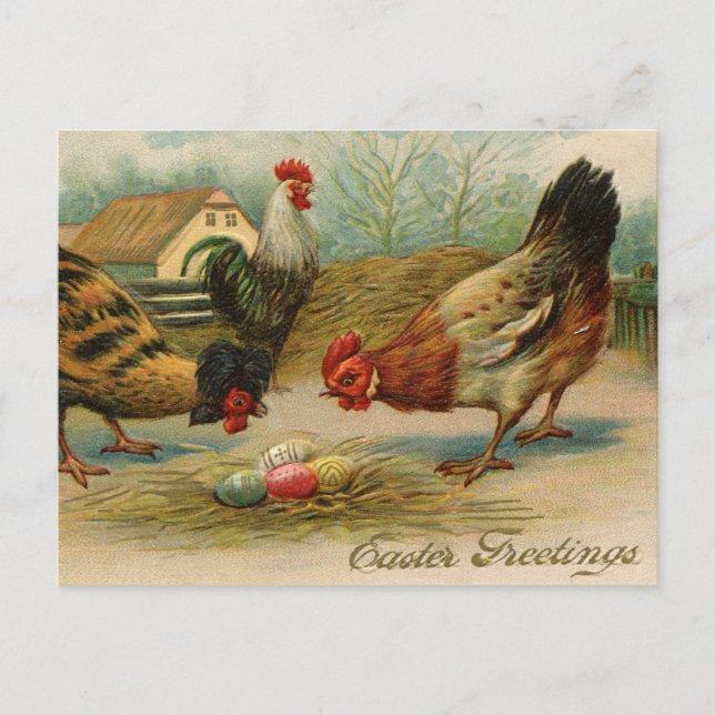 Postal Festiva Pollos de felicitación de Pascua Vintage (Anverso)