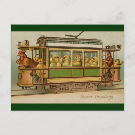 Postal Festiva Pollos en Trole Car Vintage Pascua