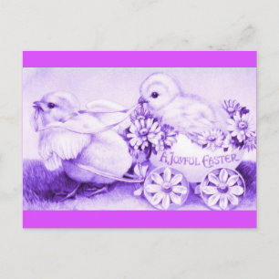 Postal Festiva Pollos morados de Pascua con entrenador de huevos
