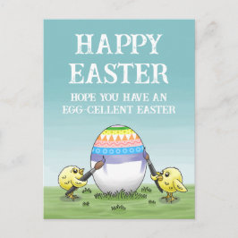 Postal Festiva pollos pintando huevos de Pascua