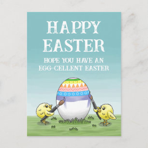Postal Festiva pollos pintando huevos de Pascua