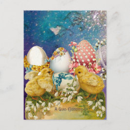 POSTAL FESTIVA POLLOS, SNOWDROPS Y HUEVOS ORIENTALES CON AZUL BOW