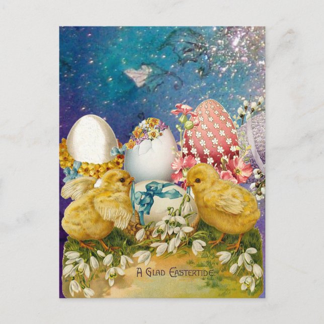 POSTAL FESTIVA POLLOS, SNOWDROPS Y HUEVOS ORIENTALES CON AZUL BOW (Anverso)