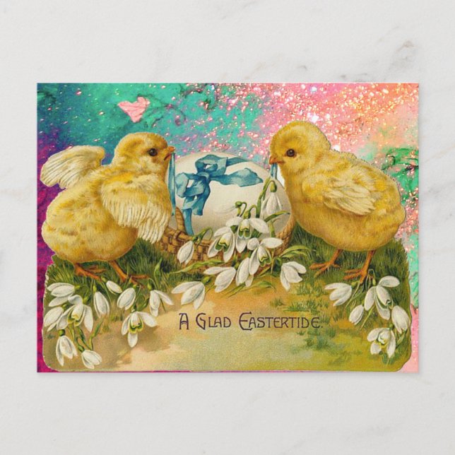 POSTAL FESTIVA POLLOS, SNOWDROPS Y HUEVOS ORIENTALES CON BOCA AZU (Anverso)