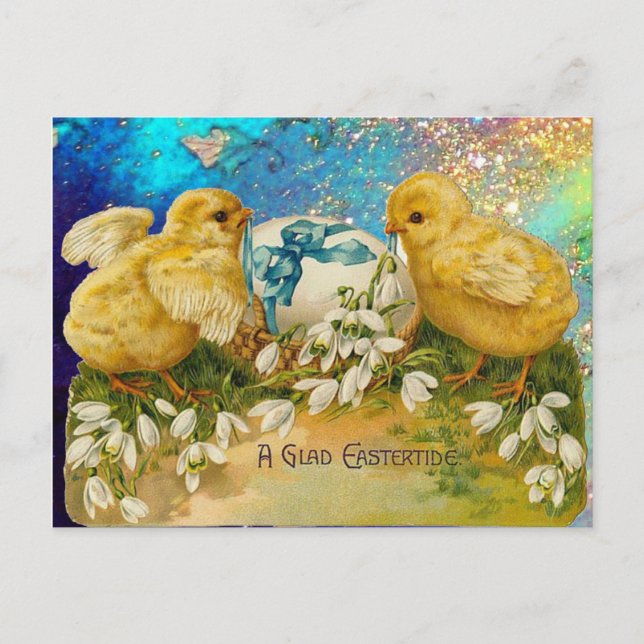 POSTAL FESTIVA POLLOS, SNOWDROPS Y HUEVOS ORIENTALES CON BOCA AZU (Anverso)