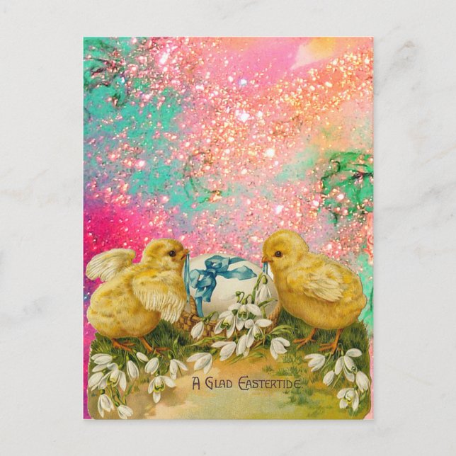 POSTAL FESTIVA POLLOS, SNOWDROPS Y HUEVOS ORIENTALES CON BOCA AZU (Anverso)