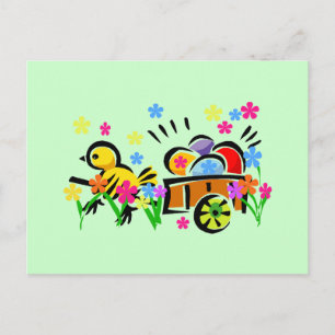 Postal Festiva Polluelo con las camisetas y los regalos del carro