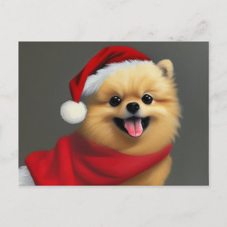 Postal Festiva Pomerania marrón lindo con sombrero de Santa