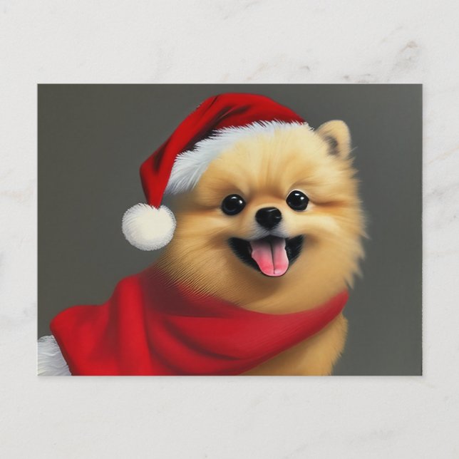 Postal Festiva Pomerania marrón lindo con sombrero de Santa (Anverso)