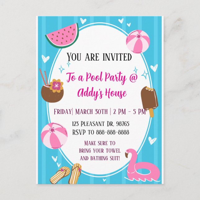 Postal Festiva Pool Party Fun! Birthday Pool Party! (Anverso)