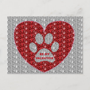 Postal Festiva Post Card Paw Heart Red Silver Be my Valentine