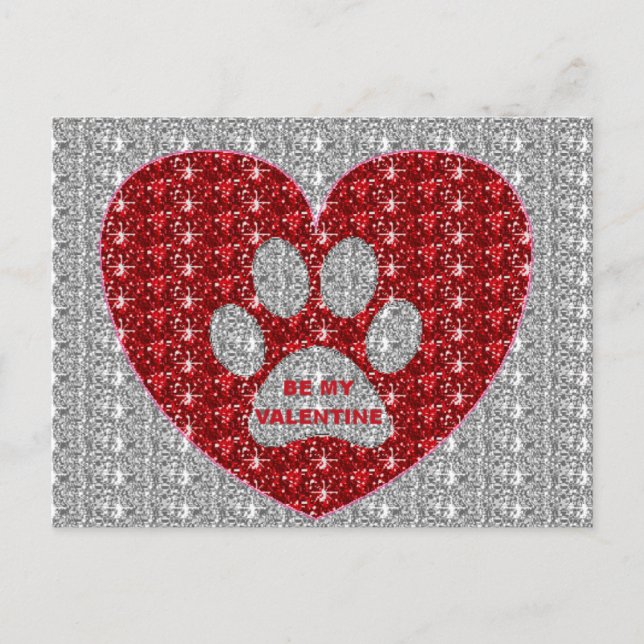 Postal Festiva Post Card Paw Heart Red Silver Be my Valentine (Anverso)