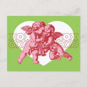 Postal Festiva Postal. Cupido San Valentín, Rosa y Verde.