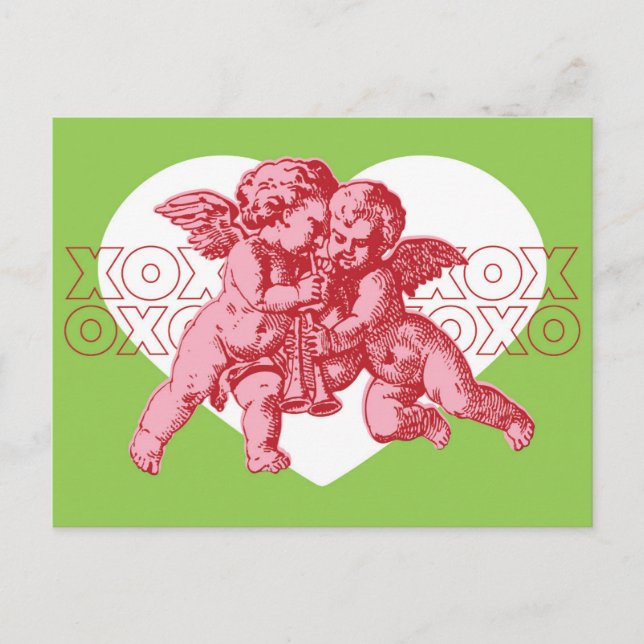 Postal Festiva Postal. Cupido San Valentín, Rosa y Verde. (Anverso)