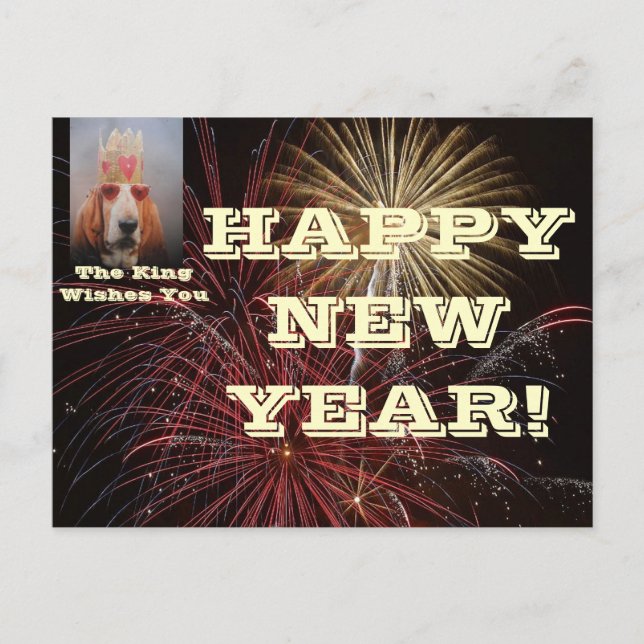 Postal Festiva Postcard Feliz Año Nuevo con el Rey Honesto Basset (Anverso)