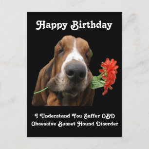 Postal Festiva Postcard Happy Birthday Basset Hound Con Flores