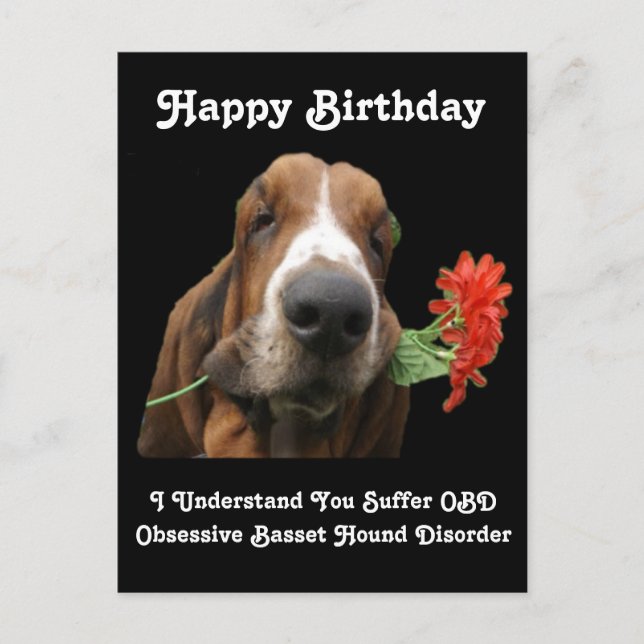Postal Festiva Postcard Happy Birthday Basset Hound Con Flores (Anverso)