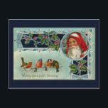 Postal Festiva Postcarta de Santa y Aves de Nieve<br><div class="desc">Imagen nostálgica de Padre Christmas de la tarjeta de felicitación victoriana. Viñeta de Santa con nieve en su gorra con ornamentación hueca y una rama de pájaros encaramados con saludo de vacaciones sobre fondo azul oscuro. La imagen ha sido restaurada digitalmente.</div>