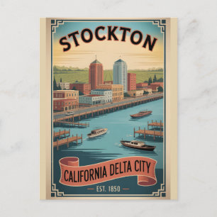 Postal Festiva Póster de viaje retro de Stockton, California anti