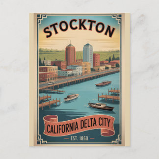 Postal Festiva Póster de viaje retro de Stockton, California anti
