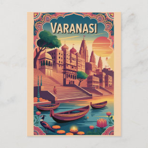 Postal Festiva Póster de viaje retro de Varanasi India