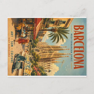 Postal Festiva Póster de viaje vintage de Barcelona con Mediterrá