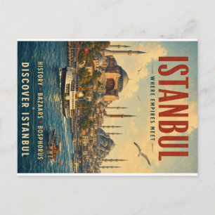 Postal Festiva Póster de viaje vintage de Estambul con citas hist