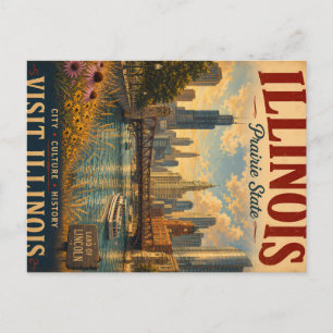 Postal Festiva Póster de viaje vintage de Illinois con paisaje ur