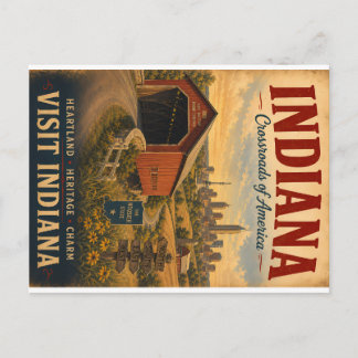Postal Festiva Póster de viaje vintage de Indiana con puente cubi