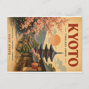 Postal Festiva Póster de viaje vintage de Kyoto con flores de cer