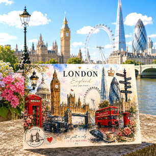 Postal Festiva Póster de viaje vintage de la silueta de Londres e