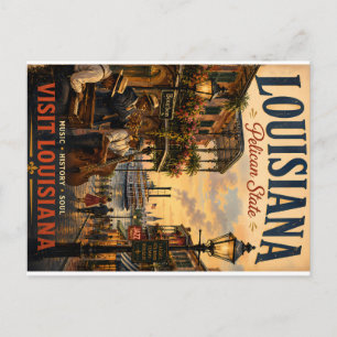 Postal Festiva Póster de viaje vintage de Louisiana con músico de