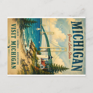 Postal Festiva Póster de viaje vintage de Michigan con Grandes La