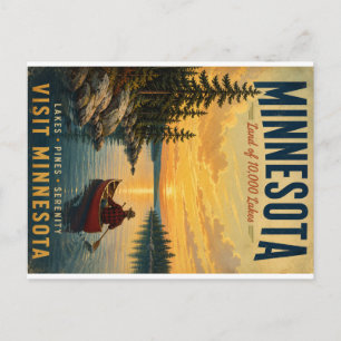 Postal Festiva Póster de viaje vintage de Minnesota con canoista 