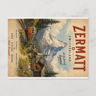 Postal Festiva Póster de viaje vintage Zermatt Suiza con Alpes