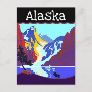 Postal Festiva Poster de Viajes Vintage Alaska Moose Montañas PC