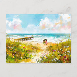 Postal Festiva Pradera de flores silvestres cerca de la playa con